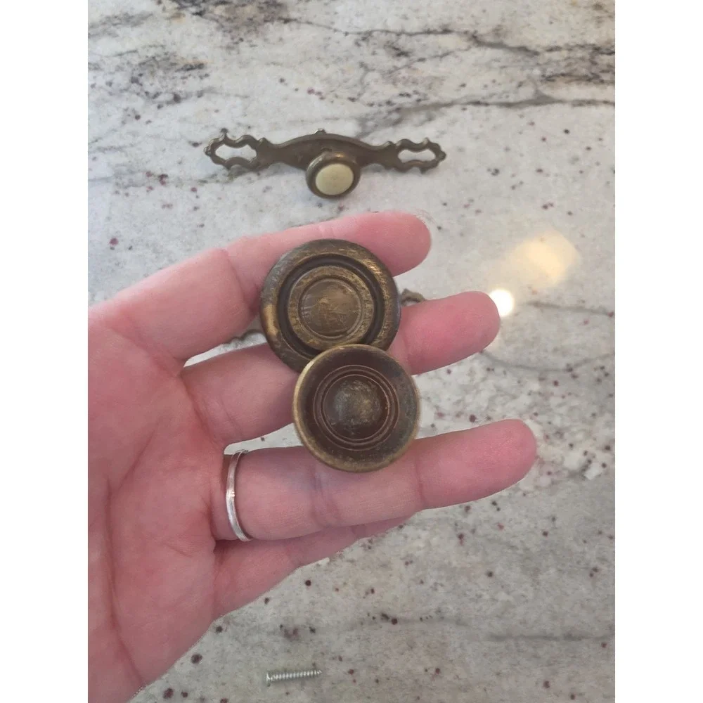 vintage lot of 2 cast & pressed brass Knob DRAWER PULLS 4